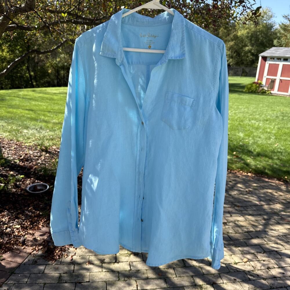 Pre-Owned Lilly Pulitzer Blue Teal Size Large Button Down Linen Blouse (174)